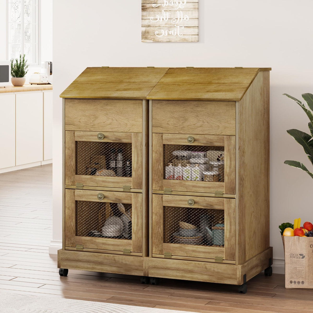 Brown Wooden Potato Storage Bin with Wheel Y879