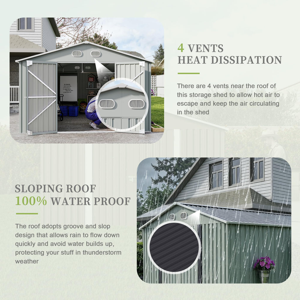 10x12 FT Metal Storage Shed with Lockable Doors and Sloped Roof A77348