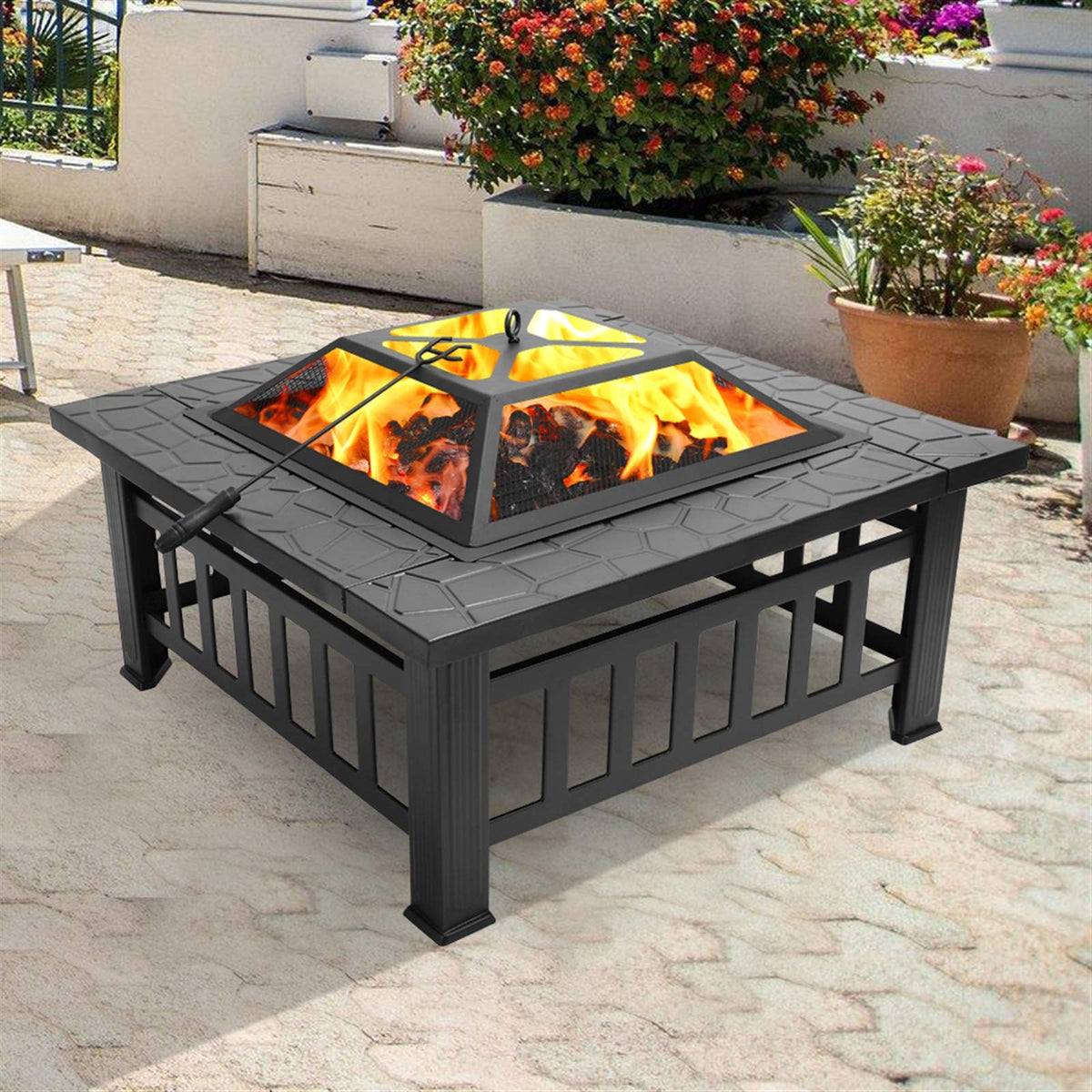 32 Inch Black Metal Wood Burning Fire Pit Q222