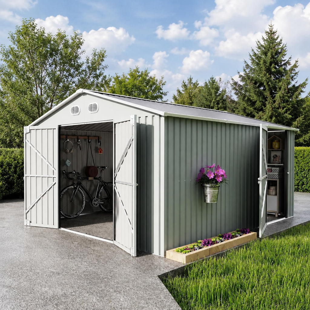10x12 FT Metal Storage Shed with Lockable Doors and Sloped Roof A77348