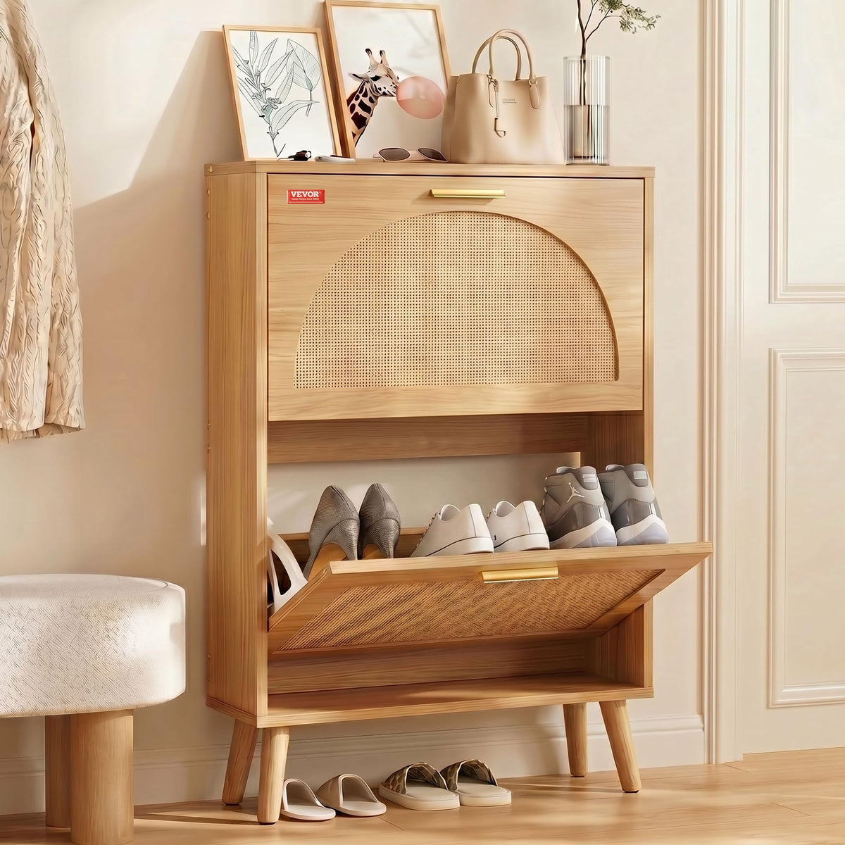 2 Flip Drawers Rattan Shoe Storage Cabinet Y795621