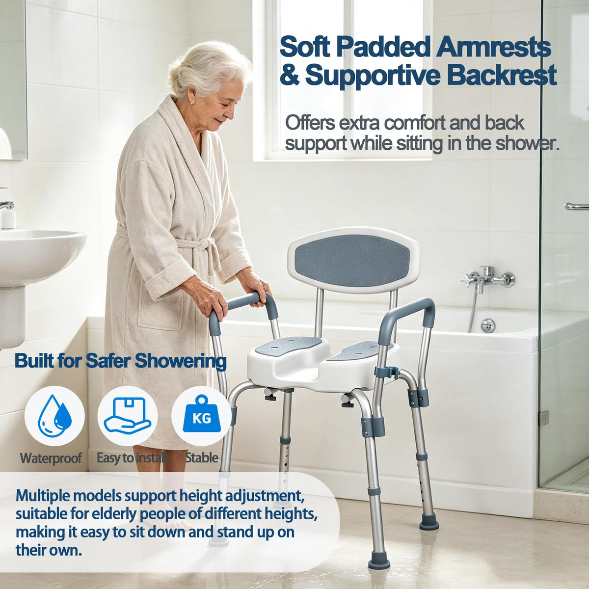 Height Adjustable Shower Chair with Padded Armrests Y94531