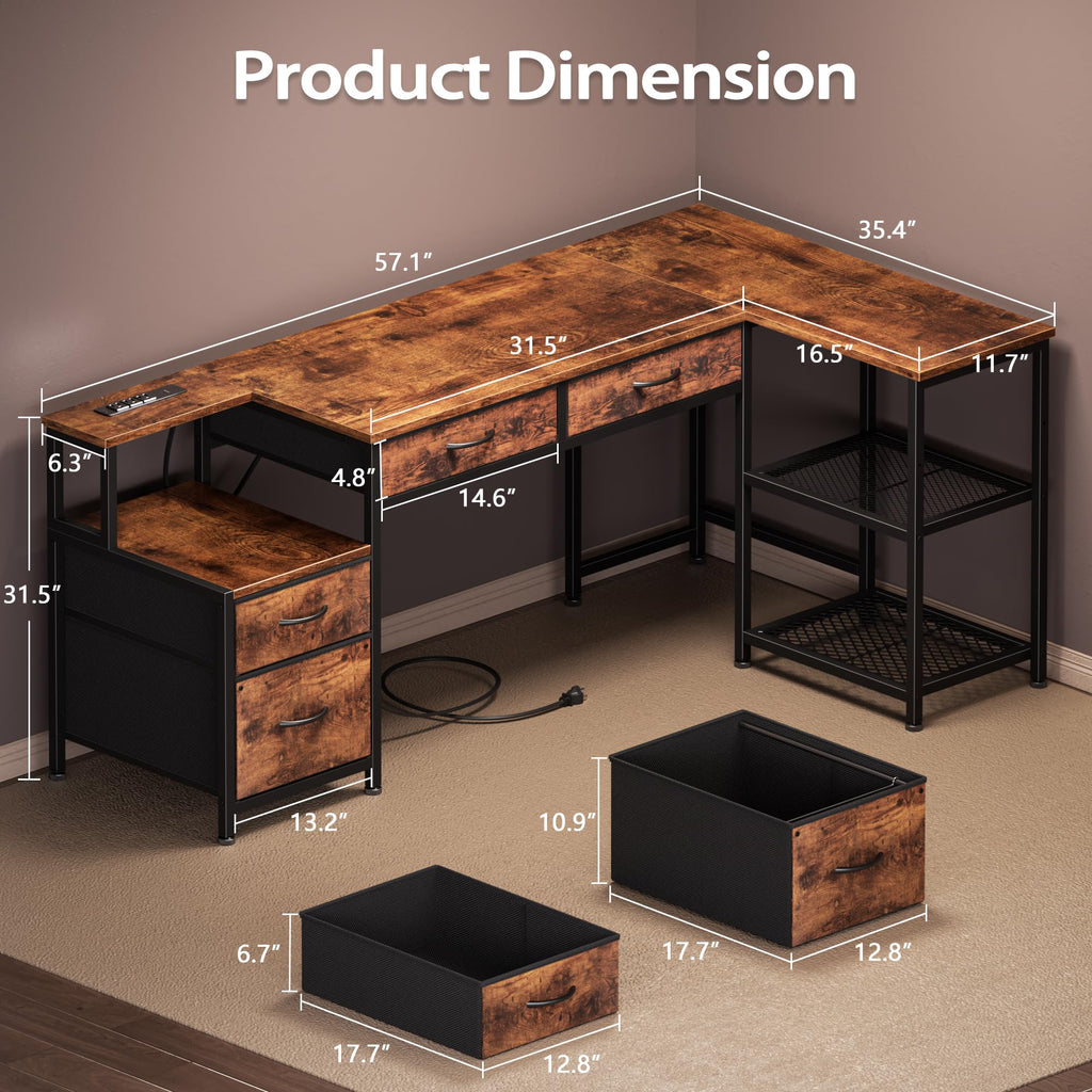 57" L Shaped Computer Desk with Power Outlet W476110