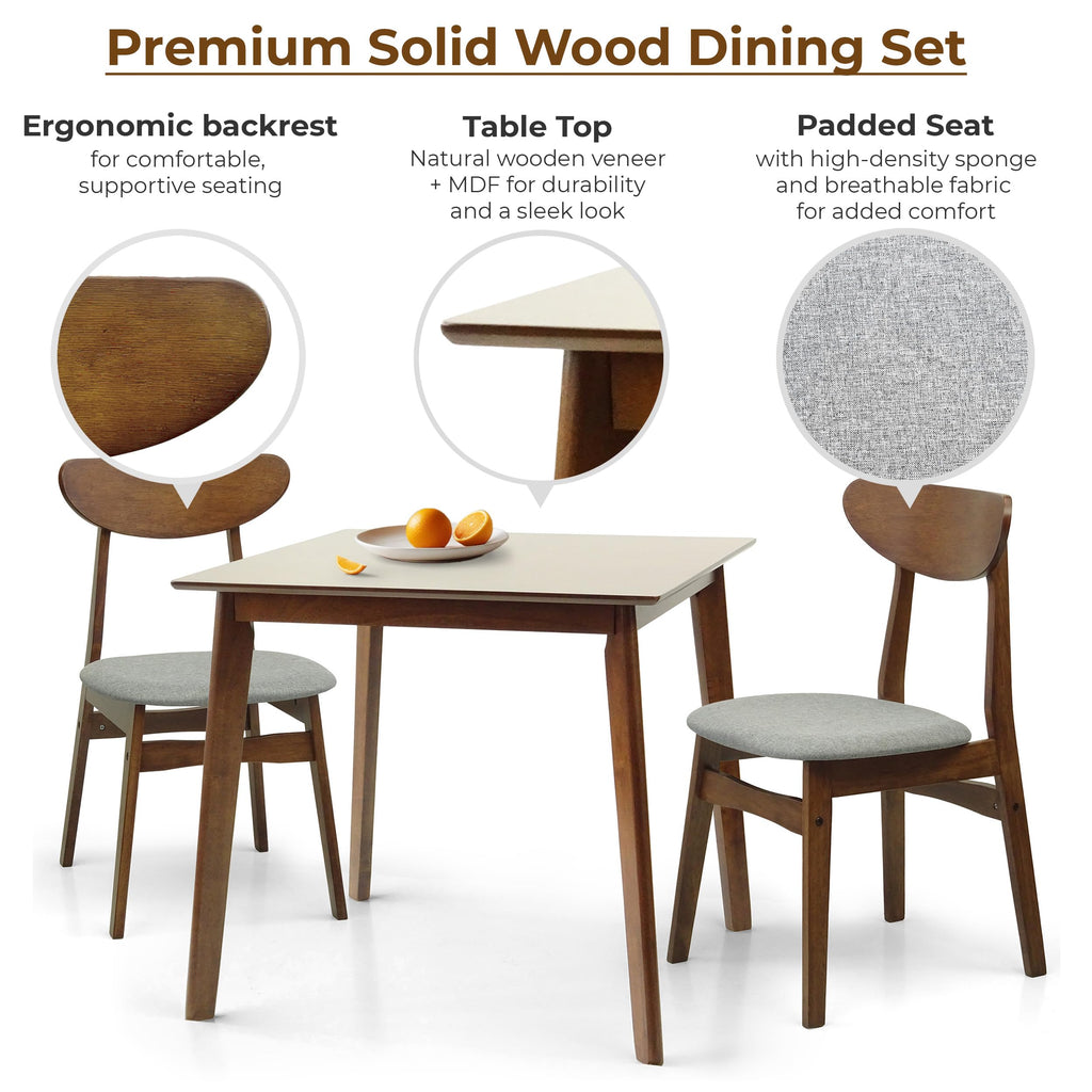 Set of 3 Square Dining Table and 2 Side Chairs Solid Wood Padded Seat Medium Brown A254