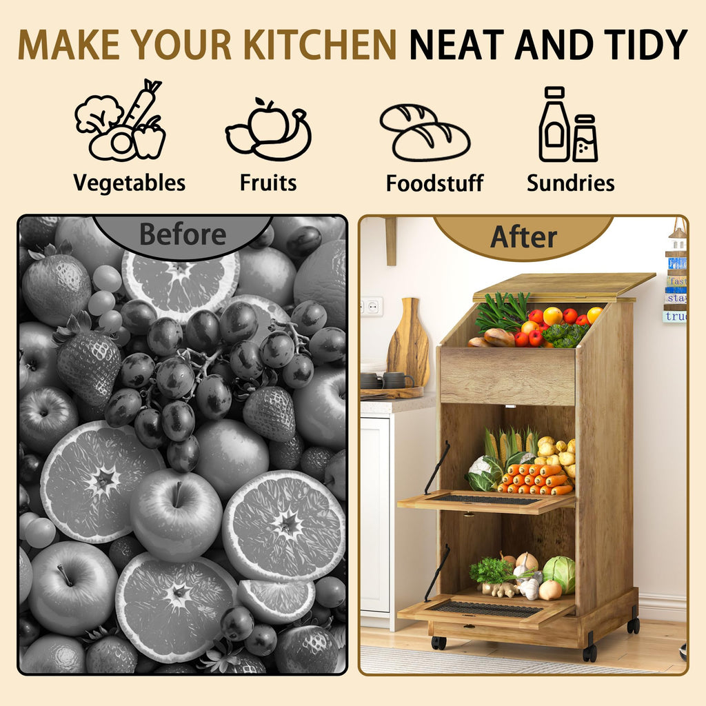 Brown Wooden Potato Storage Bin with Wheel Y879