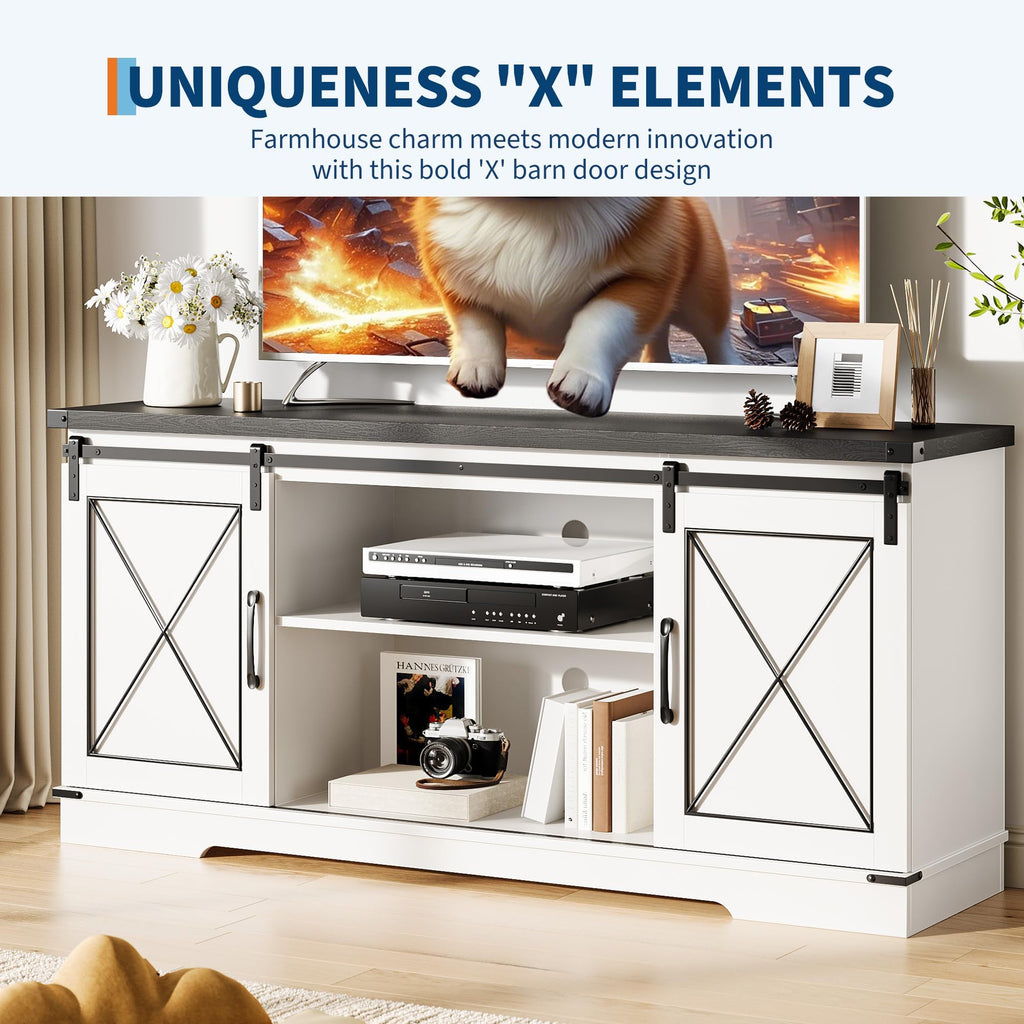 White Rustic Farmhouse TV Stand with Sliding Barn Doors T259765
