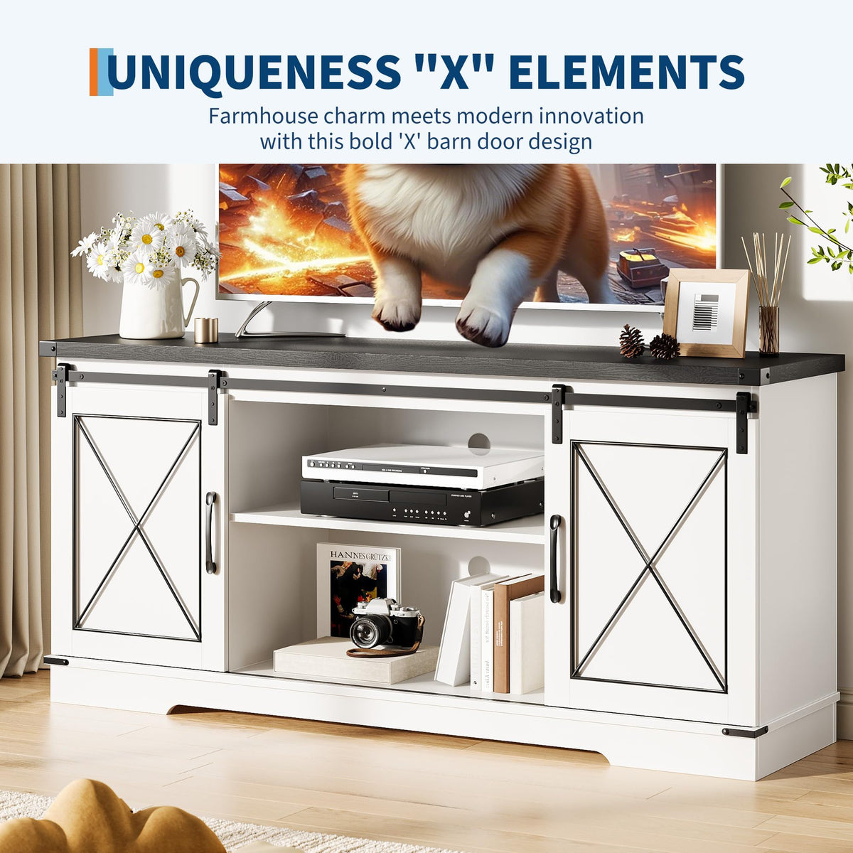White Rustic Farmhouse TV Stand with Sliding Barn Doors T259765