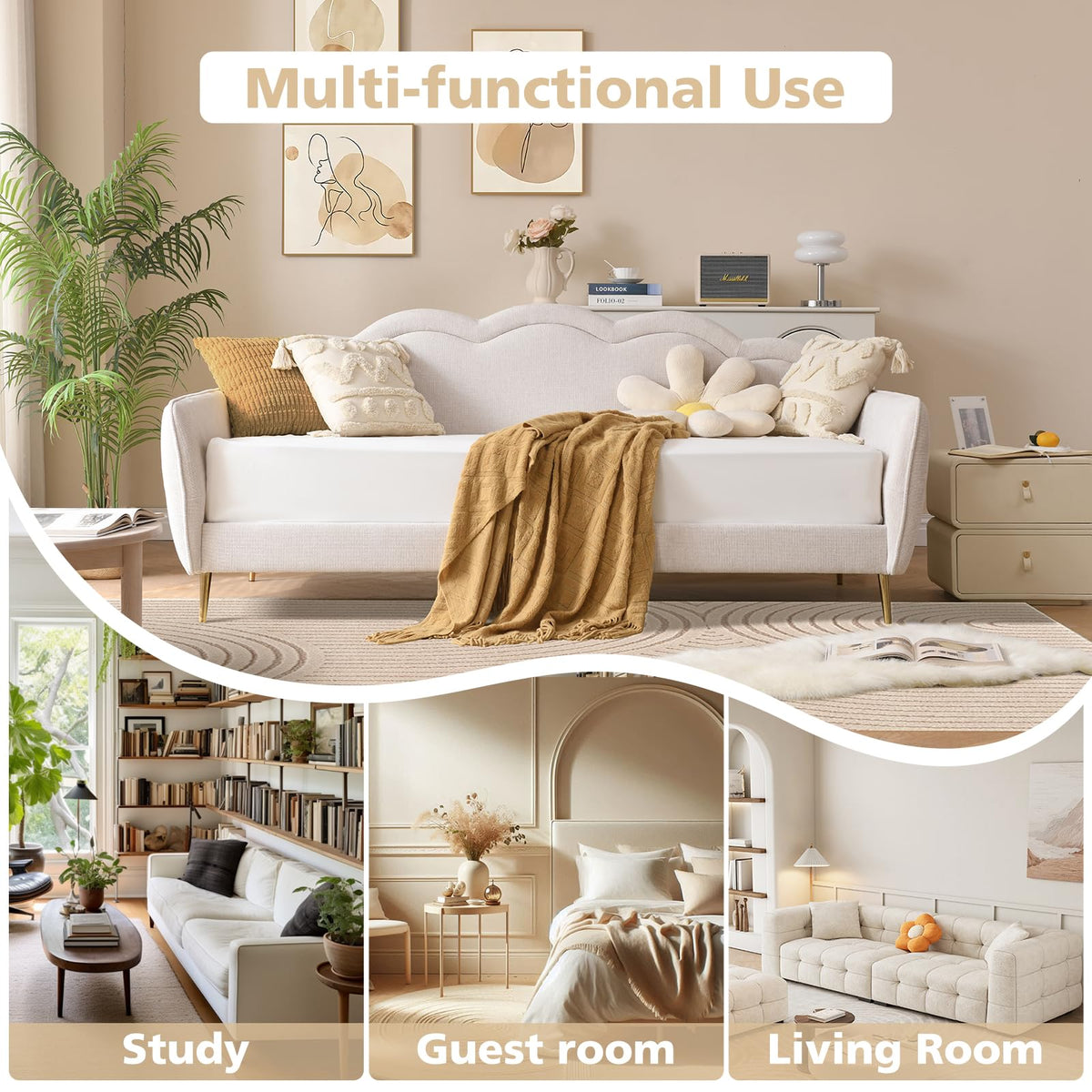 Twin Size Upholstered Linen Daybed with Metal Legs C6666