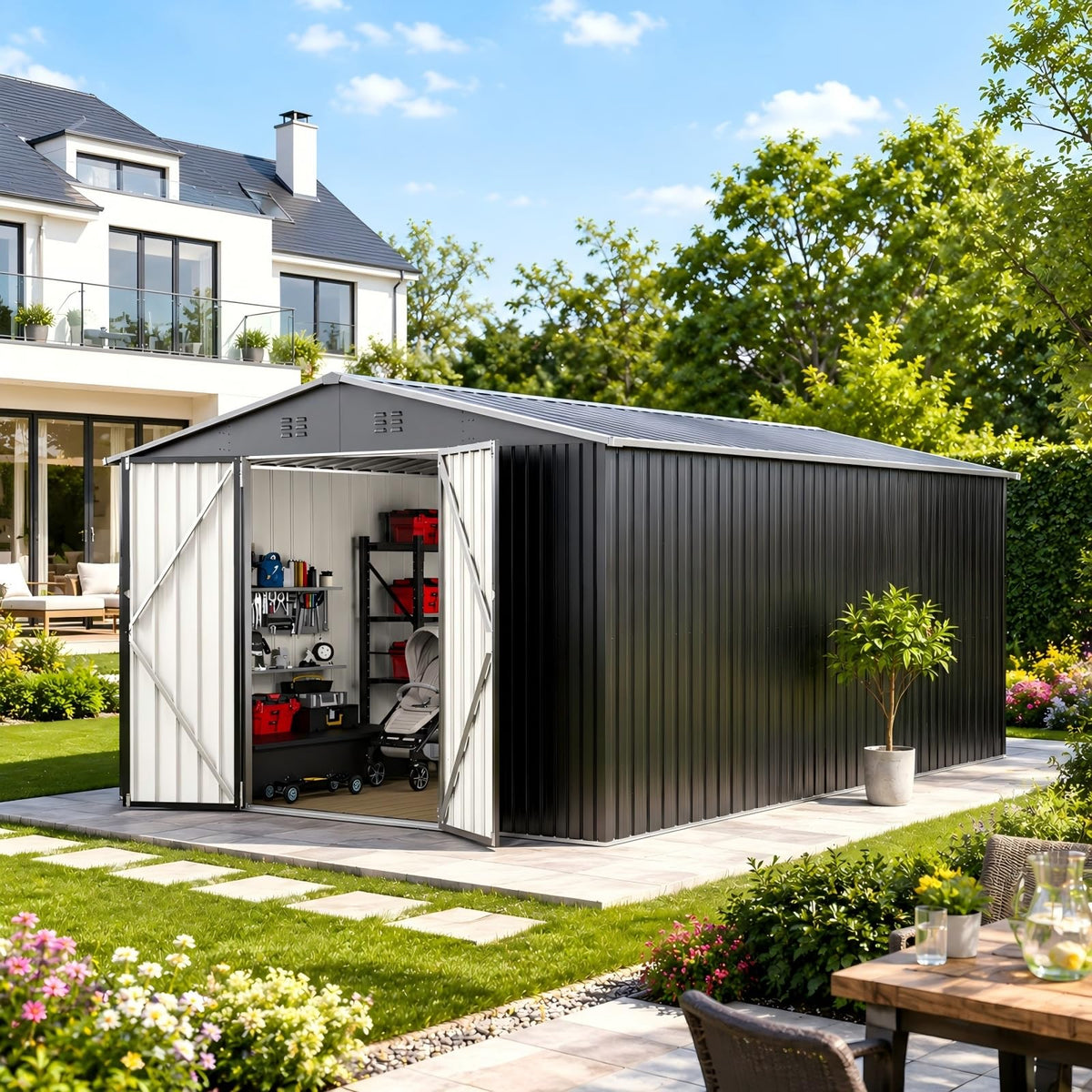 10X14 FT Metal Outdoor Storage Shed with Lockable Doors U136578