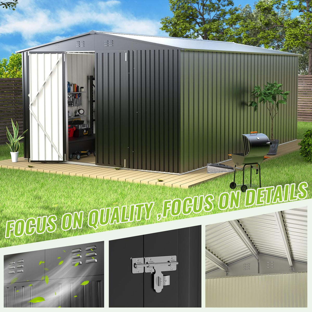 10X14 FT Metal Outdoor Storage Shed with Lockable Doors U136578
