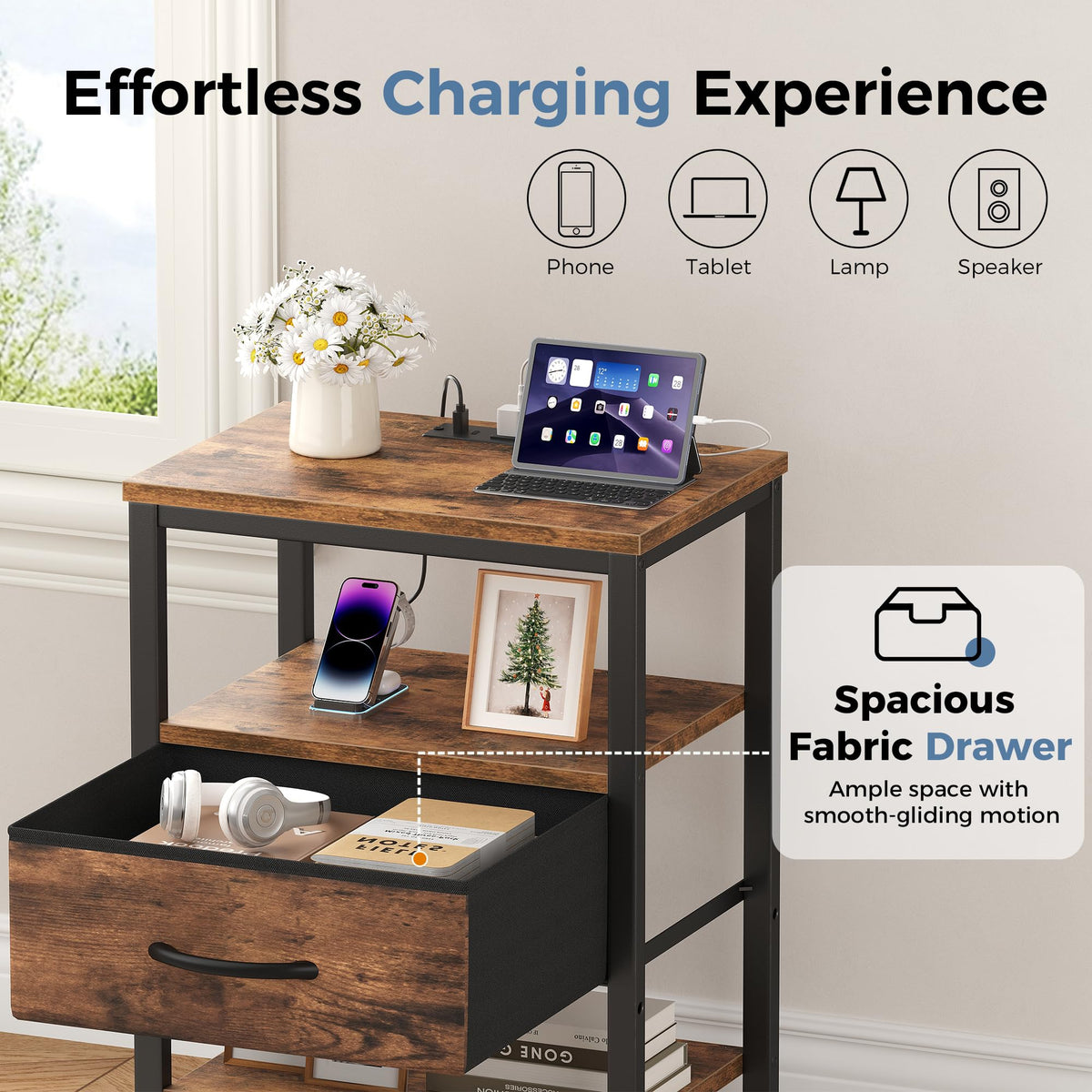 Nightstand with Charging Station and Fabric Drawer C4944