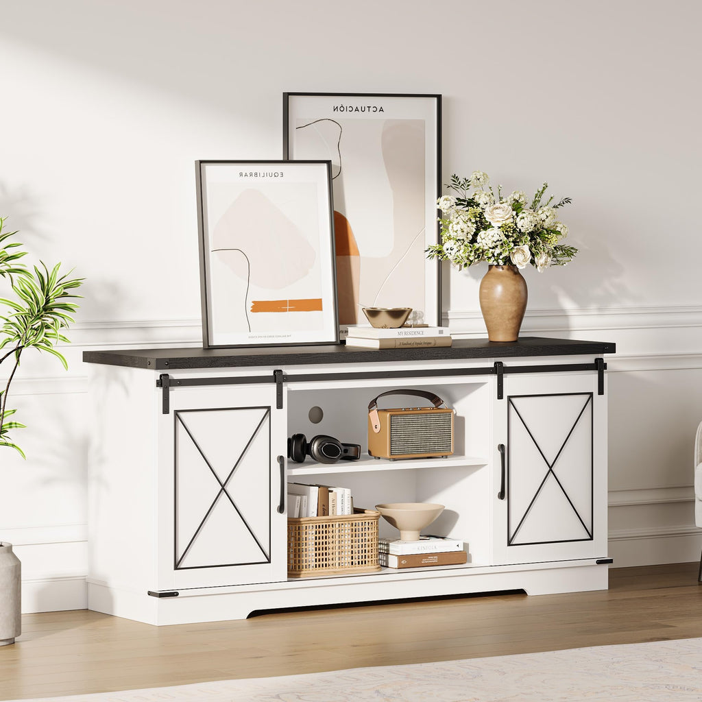 White Rustic Farmhouse TV Stand with Sliding Barn Doors T259765