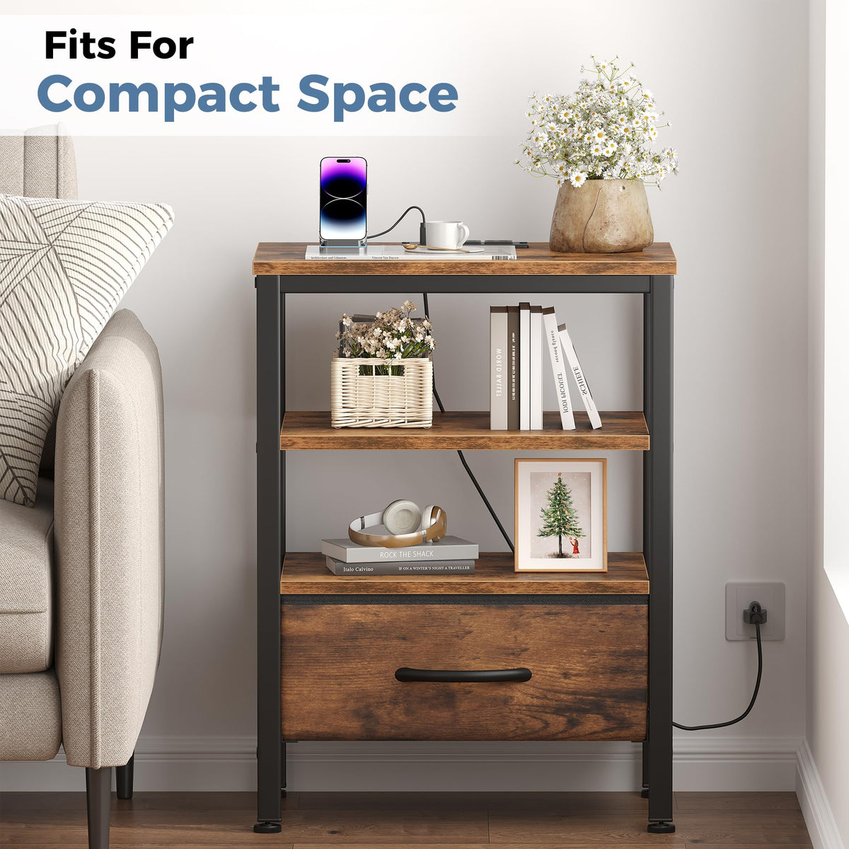 Nightstand with Charging Station and Fabric Drawer C4944