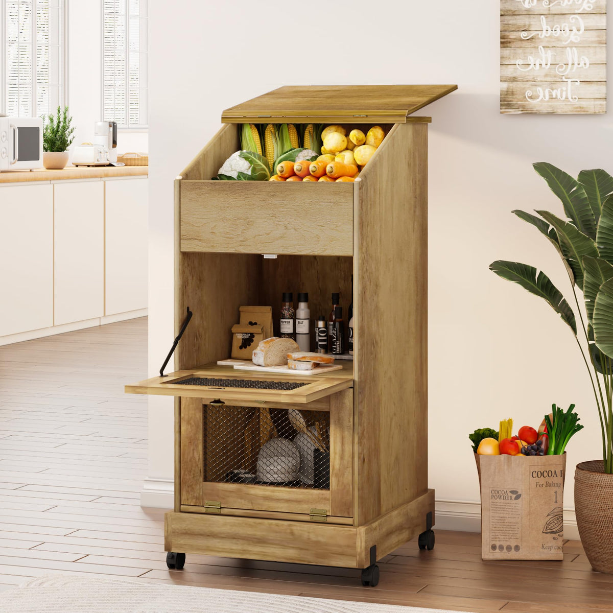 Brown Wooden Potato Storage Bin with Wheel Y879