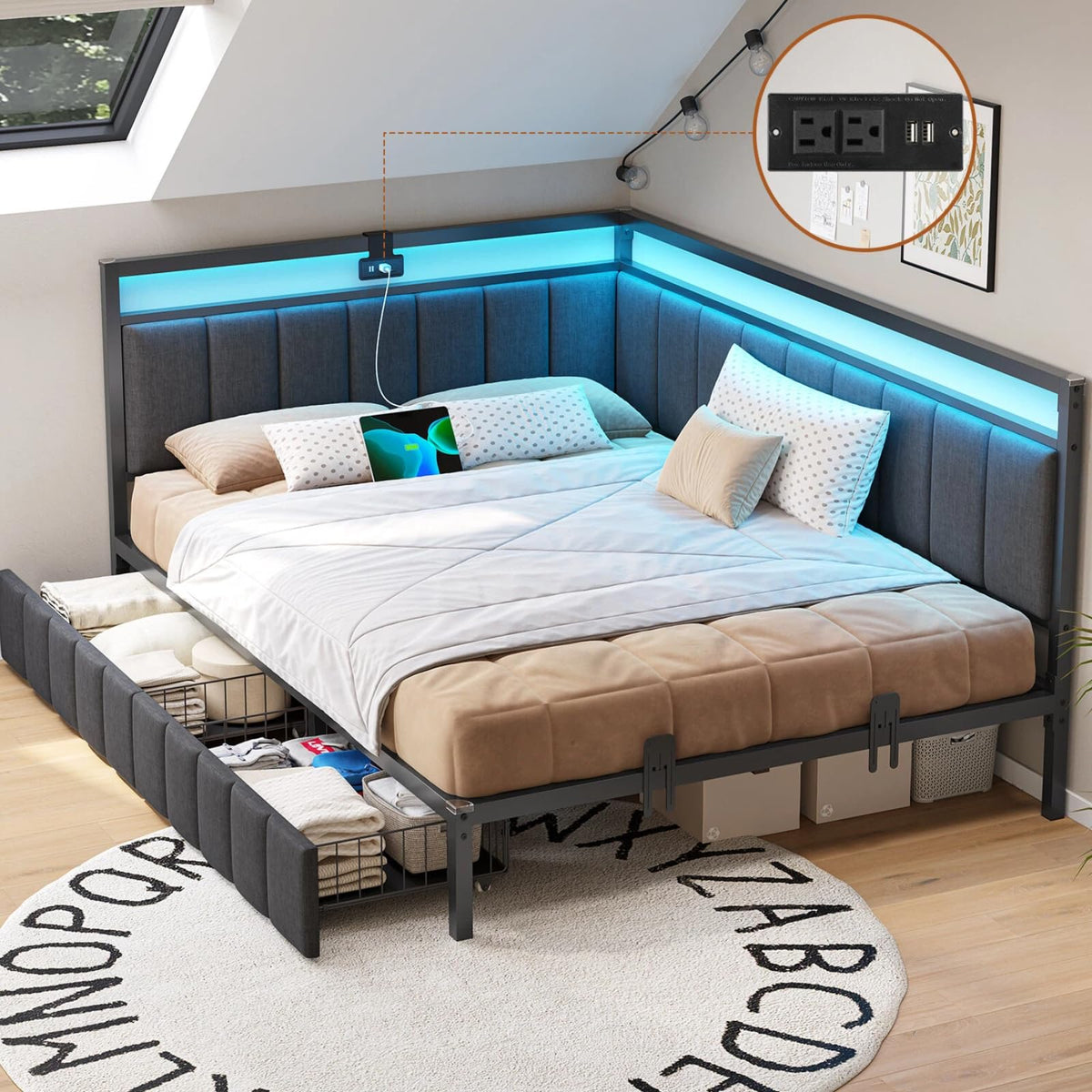Full Size Corner Bed Frame with 2 Storage Drawers and Charging Station N76221