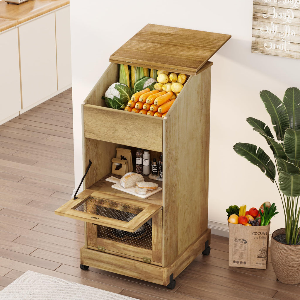 Brown Wooden Potato Storage Bin with Wheel Y879