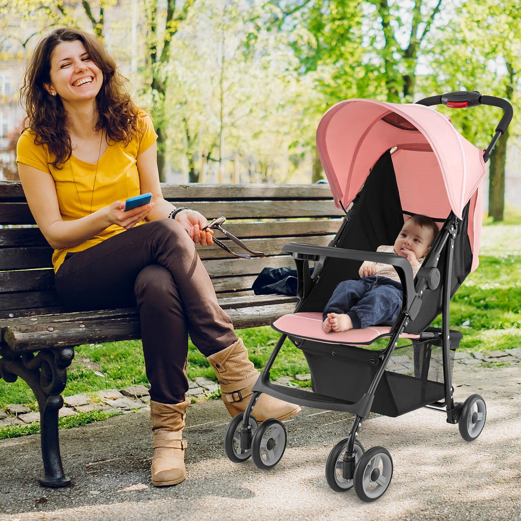 Lightweight Compact Fold Stroller with Canopy & Storage Basket, Pink D8056