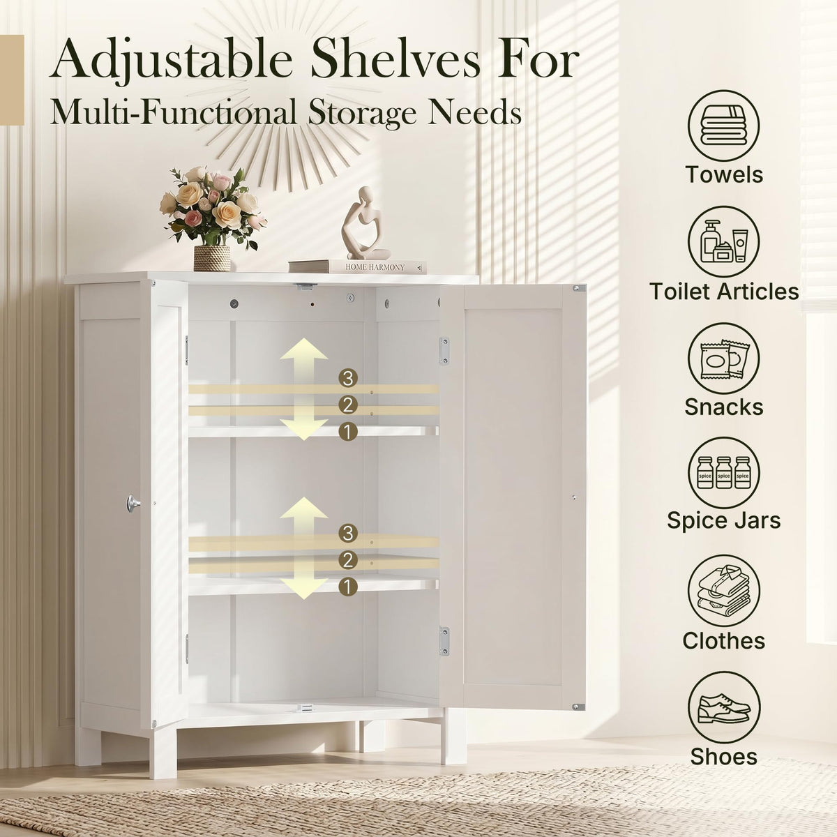 Bathroom Floor Storage Cabinet with Adjustable Shelf and Double Door Z93406