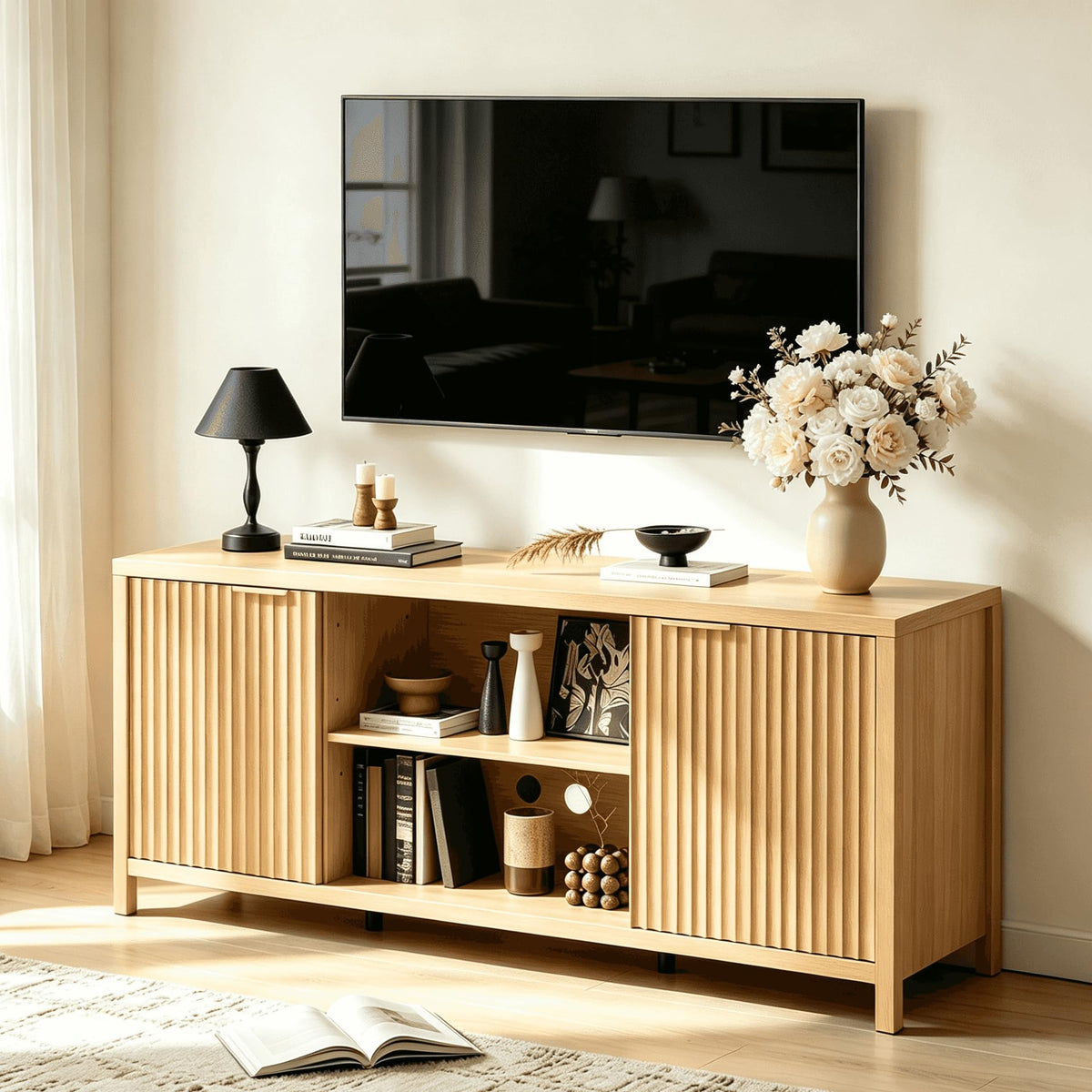 57.8" Oak TV Stand for 70 Inch TV with Adjustable Shelves and Cabinet Storage C23590