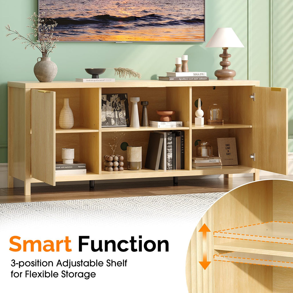 57.8" Oak TV Stand for 70 Inch TV with Adjustable Shelves and Cabinet Storage C23590