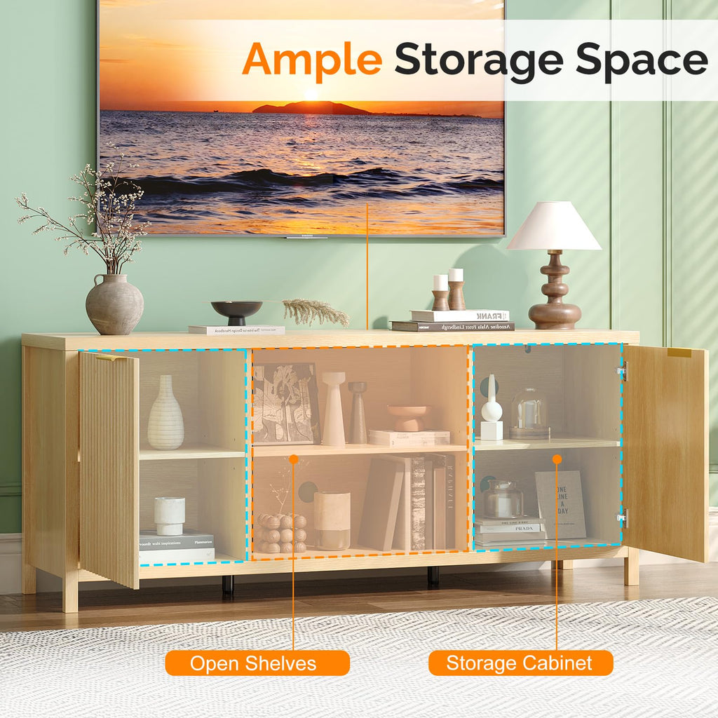 57.8" Oak TV Stand for 70 Inch TV with Adjustable Shelves and Cabinet Storage C23590