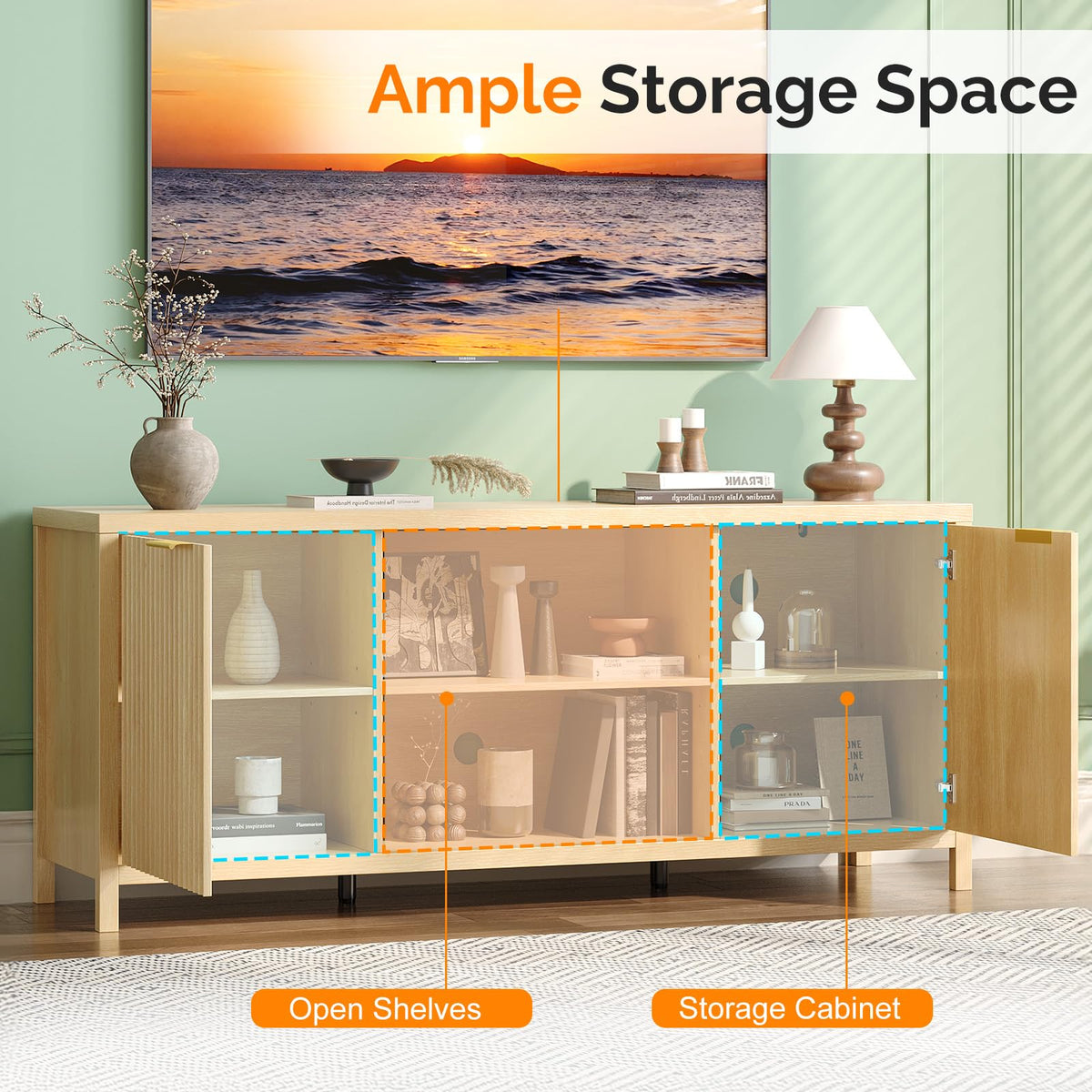 57.8" Oak TV Stand for 70 Inch TV with Adjustable Shelves and Cabinet Storage C23590