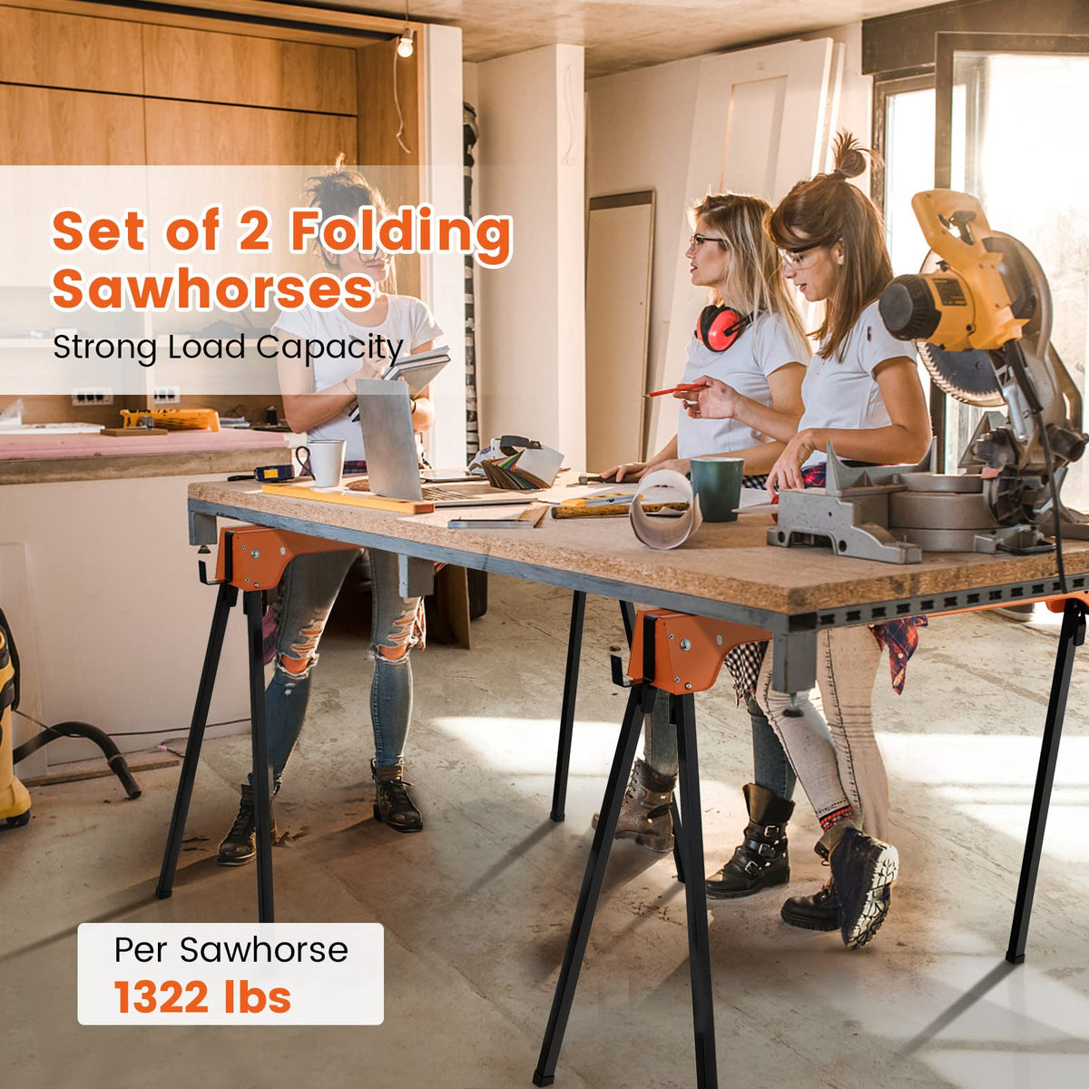 Folding Saw Horses 2 Pack 2644 LBS Capacity with Hooks U523