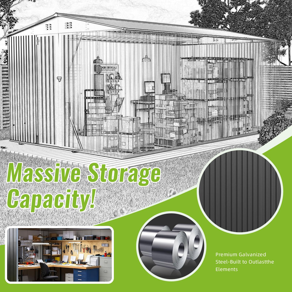10X14 FT Metal Outdoor Storage Shed with Lockable Doors U136578