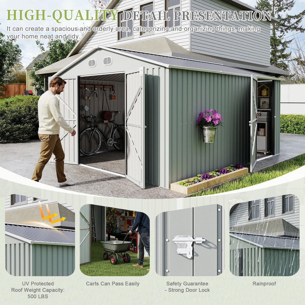 10x12 FT Metal Storage Shed with Lockable Doors and Sloped Roof A77348