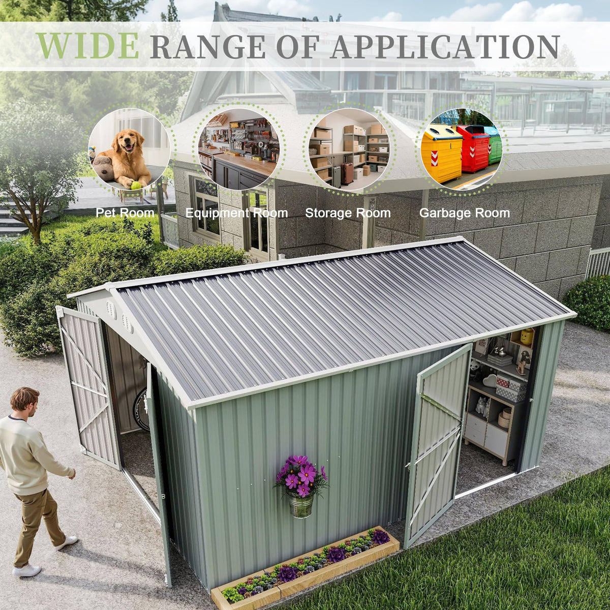 10x12 FT Metal Storage Shed with Lockable Doors and Sloped Roof A77348